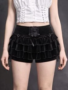 ROMWE Goth Vintage Dark Velvet Ruffle Hem Front Tie Bow Anti-Flash Women Shorts - Black - View 3