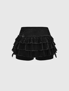 ROMWE Goth Vintage Dark Velvet Ruffle Hem Front Tie Bow Anti-Flash Women Shorts - Black - View 2
