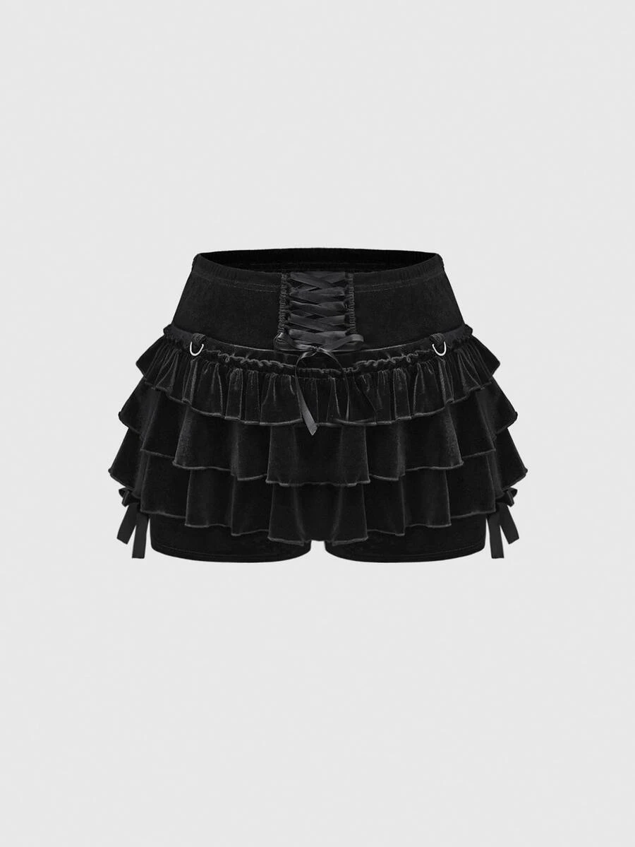 ROMWE Goth Vintage Dark Velvet Ruffle Hem Front Tie Bow Anti-Flash Women Shorts - Black - View 1