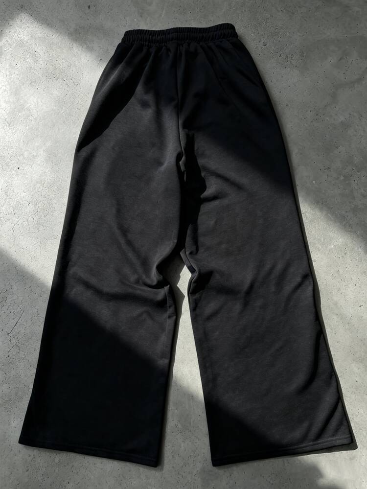 IslaSuriya American Vintage Electric Guitar Print Wide Leg Sweatpants, Heather Grey Loose Drawstring Waist Casual Long Pants, Side Artistic Handwritten Red Letter Design, High Street Y2K Rock Style Men's Straight Leg Floor-Length Track Pants, European And American Outfit Piece - White - View 2