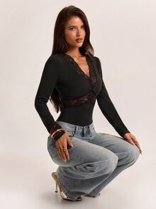 SHEIN BAE Fall Black Lace Patchwork Deep V Neck Backless Sexy Slim Fit Long Sleeve Inner Shirt Halloween Party Date Night Going Out - Black - View 6