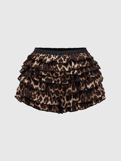 ROMWE Grunge Punk Y2K Gyaru Leopard Print High-Low Layered Ruffle Hem Low Rise Mini Shorts, School