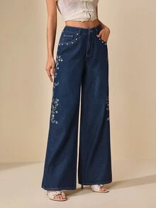 Selenza 女款優雅刺繡鈕扣口袋時尚牛仔褲 - 深色水洗藍 - 查看 1