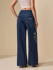 Selenza 女款優雅刺繡鈕扣口袋時尚牛仔褲 - 深色水洗藍 - 查看 5
