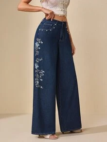 Selenza 女款優雅刺繡鈕扣口袋時尚牛仔褲 - 深色水洗藍 - 查看 7
