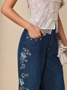 Selenza 女款優雅刺繡鈕扣口袋時尚牛仔褲 - 深色水洗藍 - 查看 3