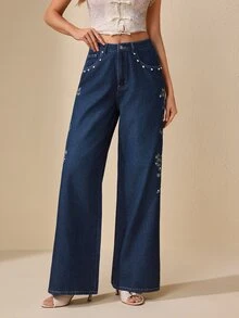 Selenza 女款優雅刺繡鈕扣口袋時尚牛仔褲 - 深色水洗藍 - 查看 6
