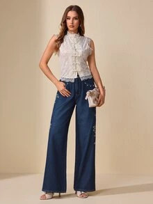 Selenza 女款優雅刺繡鈕扣口袋時尚牛仔褲 - 深色水洗藍 - 查看 8