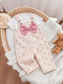 Baby Girl Floral Bow Decor Cute Overall Autumn Romper - Pink - View 5