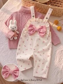 Baby Girl Floral Bow Decor Cute Overall Autumn Romper - Pink - View 3