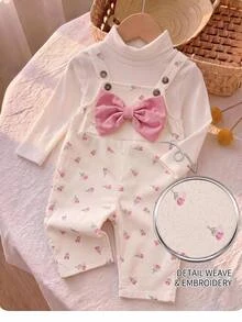 Baby Girl Floral Bow Decor Cute Overall Autumn Romper - Pink - View 1