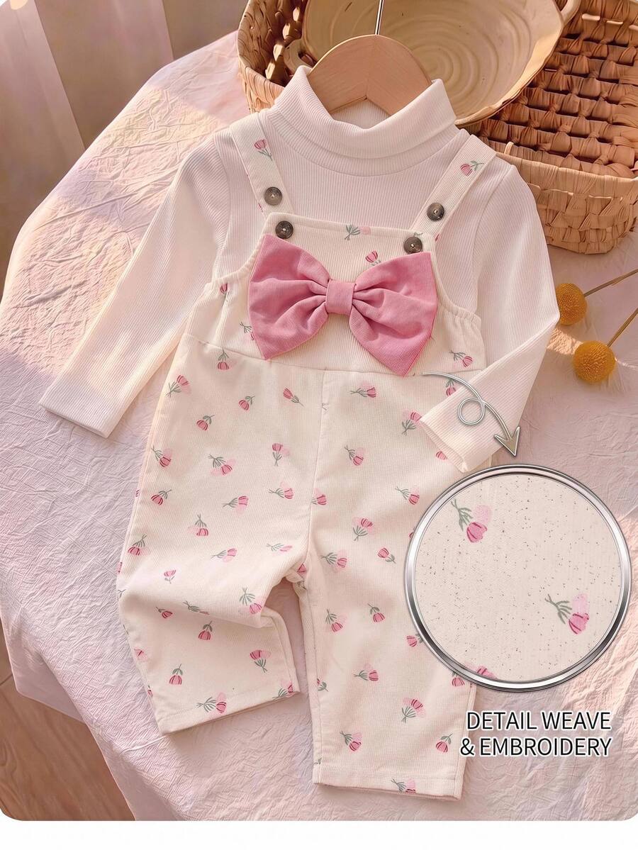 Baby Girl Floral Bow Decor Cute Overall Autumn Romper - Pink - View 1