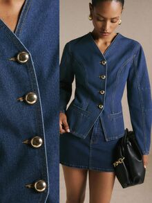 SHEIN BAE Women's Denim Casual Elegant Smart Casual V-Neck Top Jacket And Outerwear Office Navy Blue Fall Christmas - Dark Wash - View 6