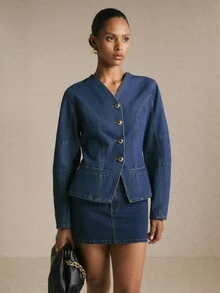 SHEIN BAE Women's Denim Casual Elegant Smart Casual V-Neck Top Jacket And Outerwear Office Navy Blue Fall Christmas - Dark Wash - View 10