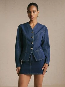 SHEIN BAE Women's Denim Casual Elegant Smart Casual V-Neck Top Jacket And Outerwear Office Navy Blue Fall Christmas - Dark Wash - View 7