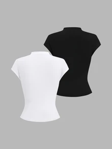 Sweetra Spring/Summer New Solid Color T-Shirt, Minimalist Casual Versatile, Suitable For Commuting And Daily Wear Everyday Going Out White Black - Multicolor - View 2
