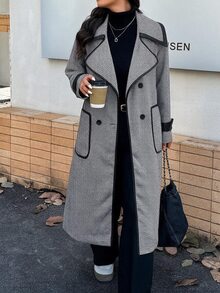 SHEIN Clasi 大尺碼女款格紋翻領長袖雙排扣優雅休閒大衣，白色秋季辦公正式款 - 黑與白 - 查看 6