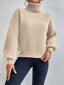 SHEIN Unity Rib-knit Turtleneck Drop Shoulder Jumper - Beige - View 6