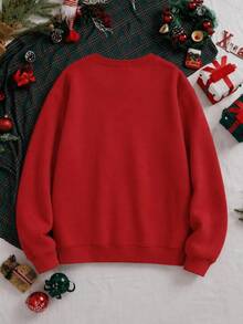 SHEIN [Excl, 嬰兒與兒童]紅色聖誕落肩寬鬆加厚男士套頭運動衫 - 紅色 - 查看 4