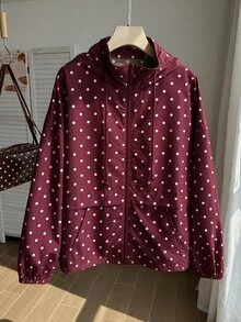 Solflare Polka Dot Print Hooded Casual Plus Size Jacket Autumn Fall - Burgundy - View 4