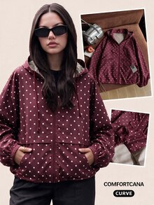 Solflare Polka Dot Print Hooded Casual Plus Size Jacket Autumn Fall - Burgundy - View 7