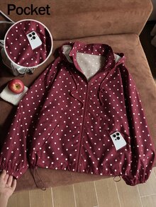 Solflare Polka Dot Print Hooded Casual Plus Size Jacket Autumn Fall - Burgundy - View 1