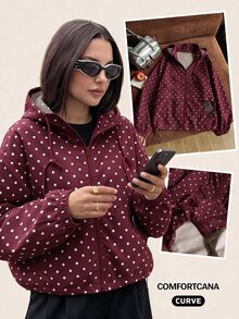 Solflare Polka Dot Print Hooded Casual Plus Size Jacket Autumn Fall - Burgundy - View 5