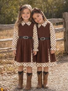 Emery Rose Kids Emery Rose Kids 女童領口波點拼接兩件式洋裝 無腰帶休閒可愛拼色波點細肩帶洋裝 優雅時尚日常穿搭 - 彩色 - 查看 2