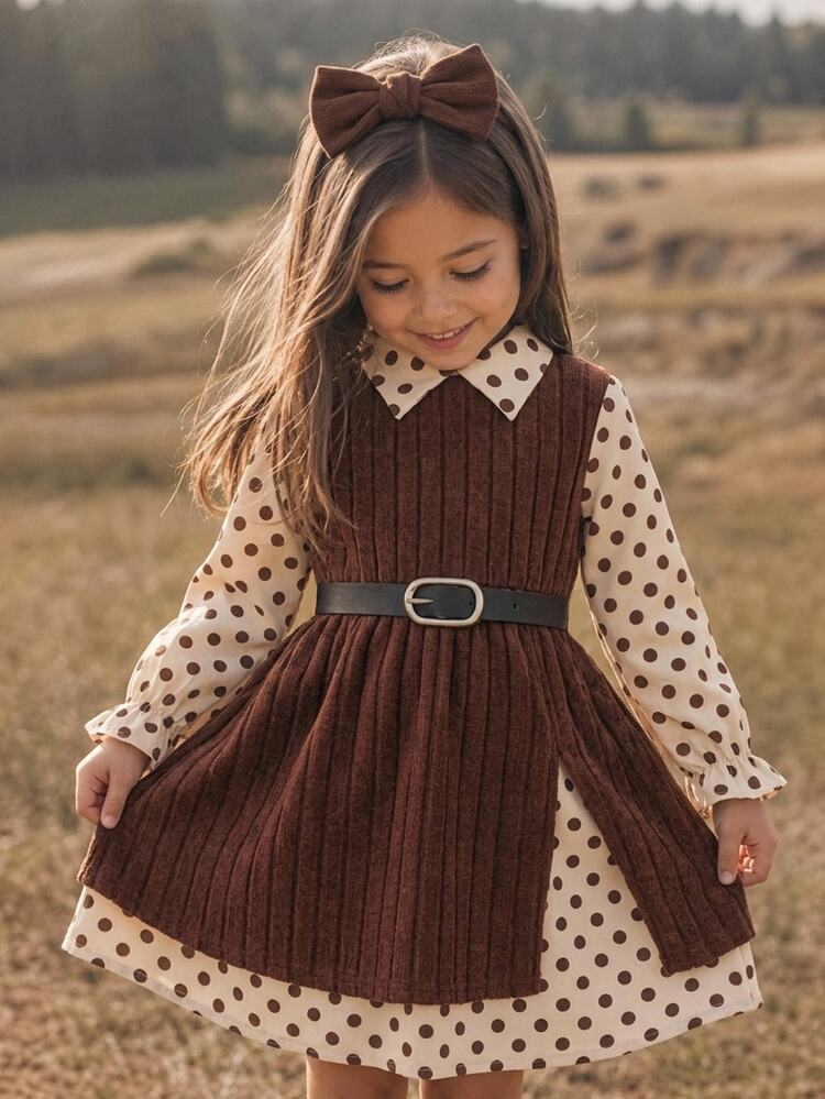 Emery Rose Kids Emery Rose Kids Young Girls Collar Polka Dot Patchwork 2 In 1 Dress Without Belt Casual Cute Colorblock Polka Dot Spaghetti Strap Dress Elegant Fashion Daily - Multicolor - View 1
