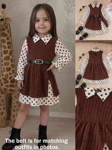 Emery Rose Kids Emery Rose Kids 女童領口波點拼接兩件式洋裝 無腰帶休閒可愛拼色波點細肩帶洋裝 優雅時尚日常穿搭 - 彩色 - 查看 4