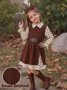 Emery Rose Kids Emery Rose Kids 女童領口波點拼接兩件式洋裝 無腰帶休閒可愛拼色波點細肩帶洋裝 優雅時尚日常穿搭 - 彩色 - 查看 3