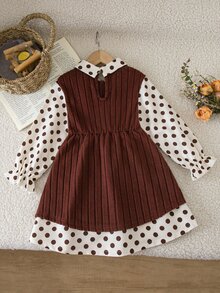 Emery Rose Kids Emery Rose Kids 女童領口波點拼接兩件式洋裝 無腰帶休閒可愛拼色波點細肩帶洋裝 優雅時尚日常穿搭 - 彩色 - 查看 6