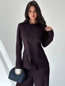 Firerie Women's Autumn/Winter Elegant Commute Daily Versatile Street Fashion New Popular Asymmetric Placket Button Cinched Waist Long Sleeve Blazer And High Waist Long Pants Khaki Grey 2 Pieces Set - Purple - View 6