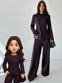 Firerie Women's Autumn/Winter Elegant Commute Daily Versatile Street Fashion New Popular Asymmetric Placket Button Cinched Waist Long Sleeve Blazer And High Waist Long Pants Khaki Grey 2 Pieces Set - Purple - View 1