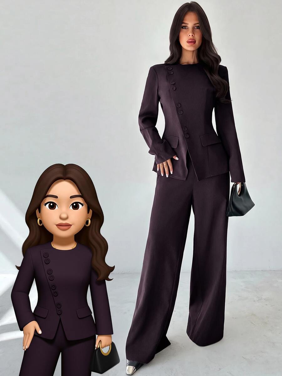 Firerie Women's Autumn/Winter Elegant Commute Daily Versatile Street Fashion New Popular Asymmetric Placket Button Cinched Waist Long Sleeve Blazer And High Waist Long Pants Khaki Grey 2 Pieces Set - Purple - View 1