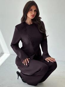 Firerie Women's Autumn/Winter Elegant Commute Daily Versatile Street Fashion New Popular Asymmetric Placket Button Cinched Waist Long Sleeve Blazer And High Waist Long Pants Khaki Grey 2 Pieces Set - Purple - View 5