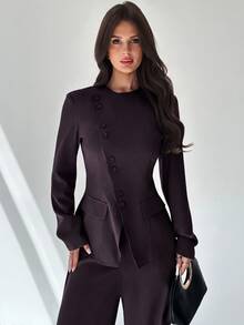 Firerie Women's Autumn/Winter Elegant Commute Daily Versatile Street Fashion New Popular Asymmetric Placket Button Cinched Waist Long Sleeve Blazer And High Waist Long Pants Khaki Grey 2 Pieces Set - Purple - View 9