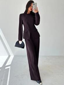 Firerie Women's Autumn/Winter Elegant Commute Daily Versatile Street Fashion New Popular Asymmetric Placket Button Cinched Waist Long Sleeve Blazer And High Waist Long Pants Khaki Grey 2 Pieces Set - Purple - View 8