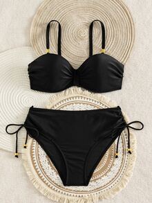 SHEIN Swim Women's New Special Fabric Beaded Trim Swimwear Set - Black - View 7
