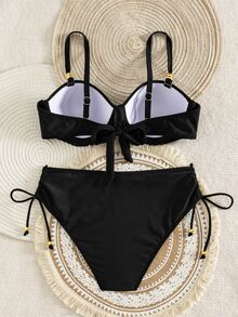 SHEIN Swim Women's New Special Fabric Beaded Trim Swimwear Set - Black - View 2