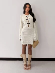 Glamine Women's Long Sleeve Hollow Knit Dress With Frog Button Placket - Black and White - View 1