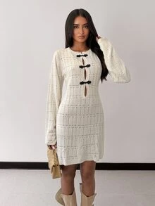 Glamine Women's Long Sleeve Hollow Knit Dress With Frog Button Placket - Black and White - View 8