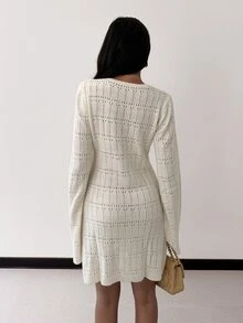 Glamine Women's Long Sleeve Hollow Knit Dress With Frog Button Placket - Black and White - View 2