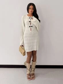 Glamine Women's Long Sleeve Hollow Knit Dress With Frog Button Placket - Black and White - View 4