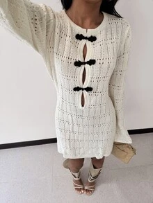 Glamine Women's Long Sleeve Hollow Knit Dress With Frog Button Placket - Black and White - View 3
