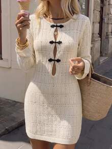 Glamine Women's Long Sleeve Hollow Knit Dress With Frog Button Placket - Black and White - View 6