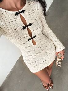 Glamine Women's Long Sleeve Hollow Knit Dress With Frog Button Placket - Black and White - View 7
