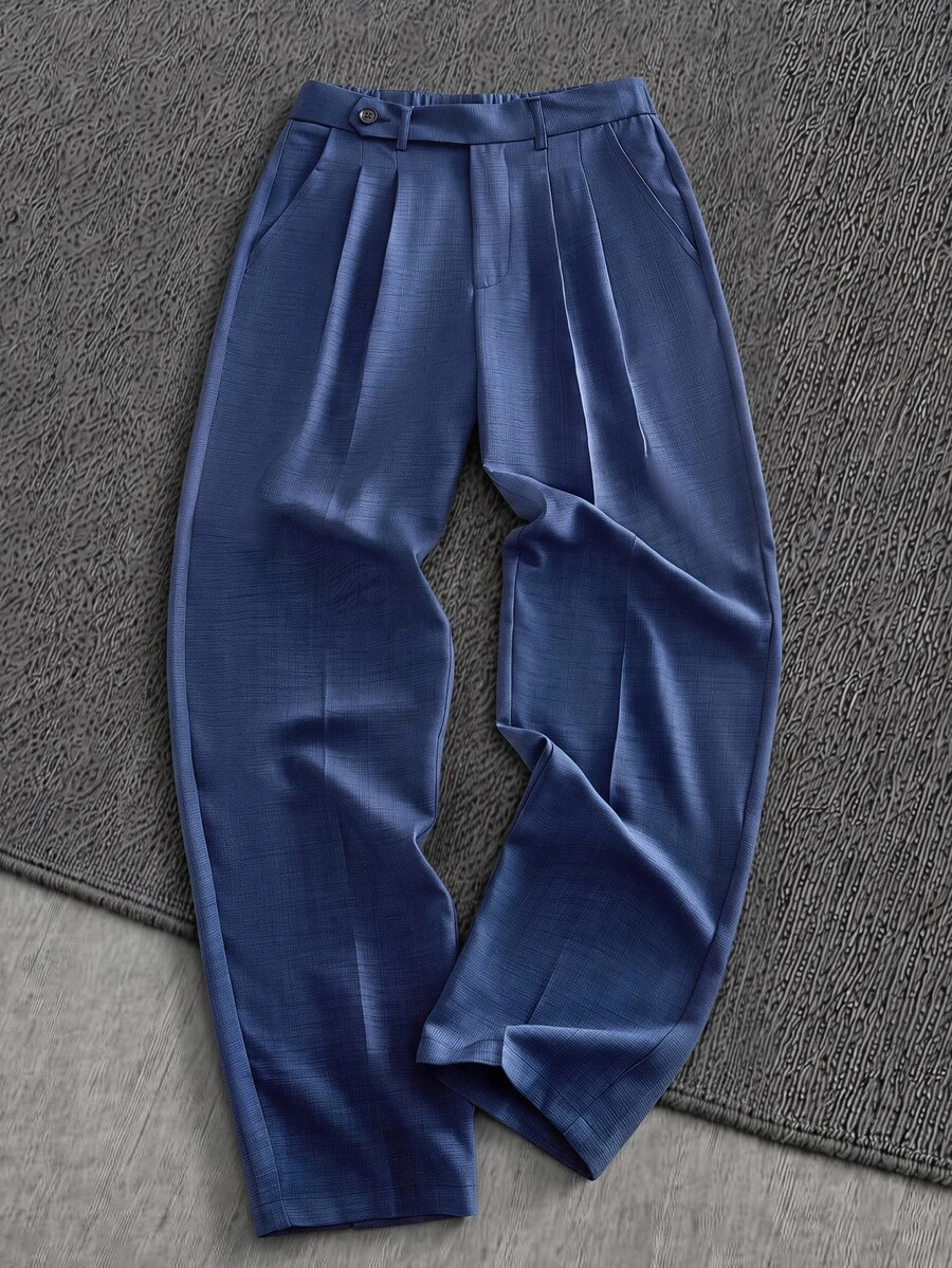 Mainfolk Men's Woven Fitted Casual Long Mid-Waist Straight Leg Dress Pants Suitable For Spring And Summer - Navy Blue - View 1