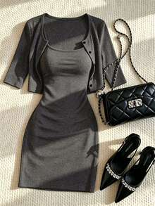 Franclia Women's Spring And Summer Sexy French And Elegant Thin Strap Fitted Dress And Short-Sleeved Cardigan Set Suitable For Commuting Dark Grey Going Out - Grey - View 1