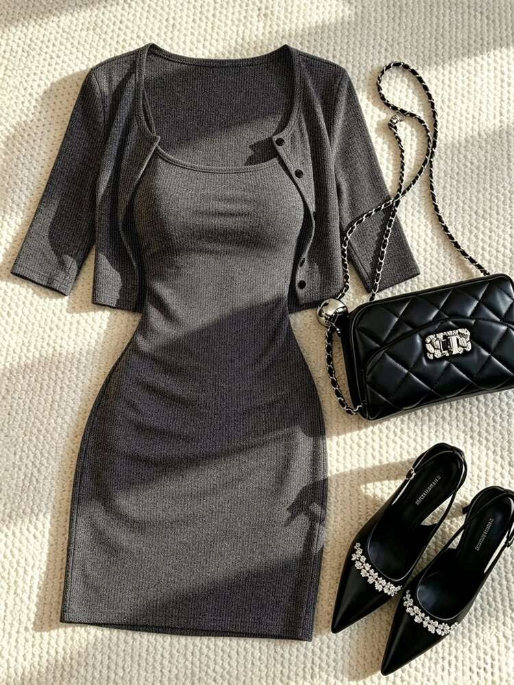 Franclia Women's Spring And Summer Sexy French And Elegant Thin Strap Fitted Dress And Short-Sleeved Cardigan Set Suitable For Commuting Dark Grey Going Out - Grey - View 1